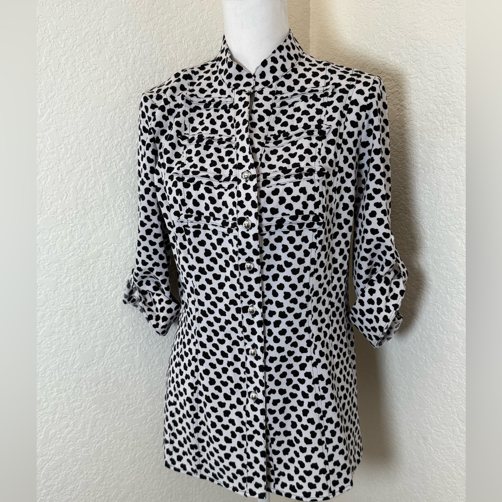 Kathy Che Button Up Blouse‎ Top Polka Dot 3/4 Fold Sleeve White Black Size M